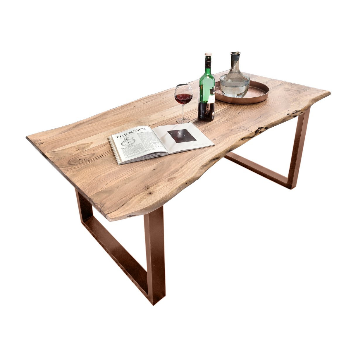 Mangohouten Eettafel met Boomrand en Antiekbruin Sledeframe 160 cm