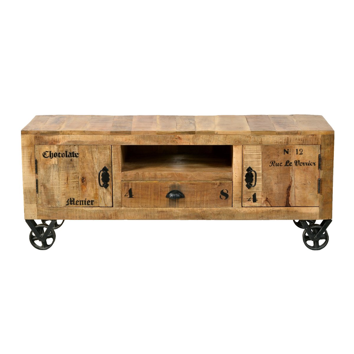 Industrieel Lowboard van Gelakt Mangohout met Wielen 140 cm