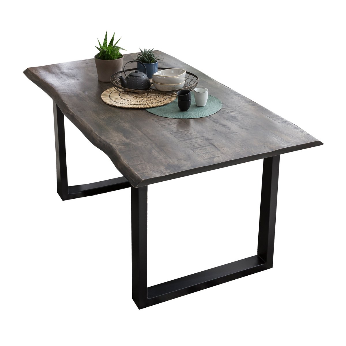 Eettafel mangohout met boomrand grijs zwart 160 x 85 cm