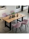 5-delige eetgroep acaciahout met 4 roze velvet armstoelen