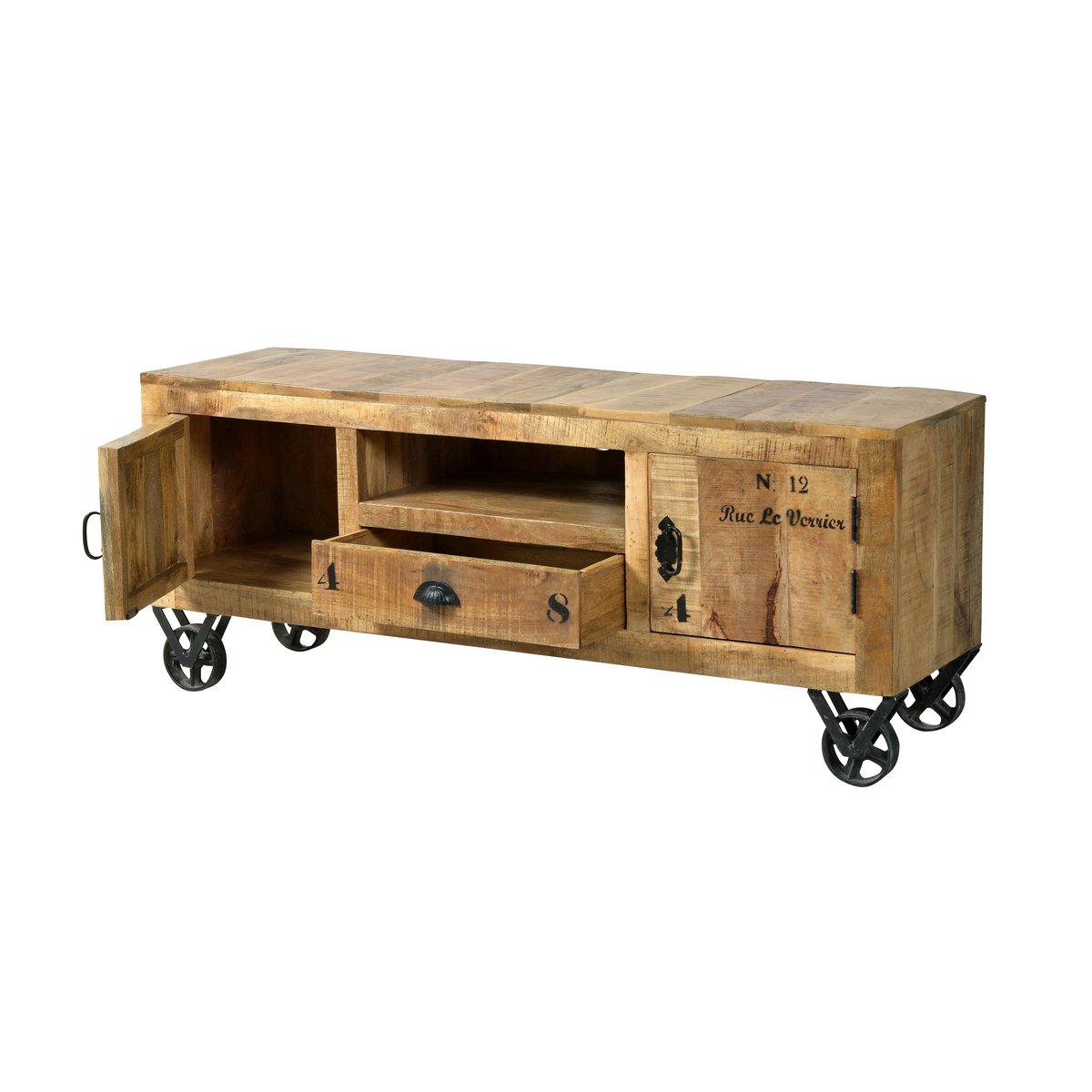 Industrieel Lowboard van Gelakt Mangohout met Wielen 140 cm - Afbeelding 3