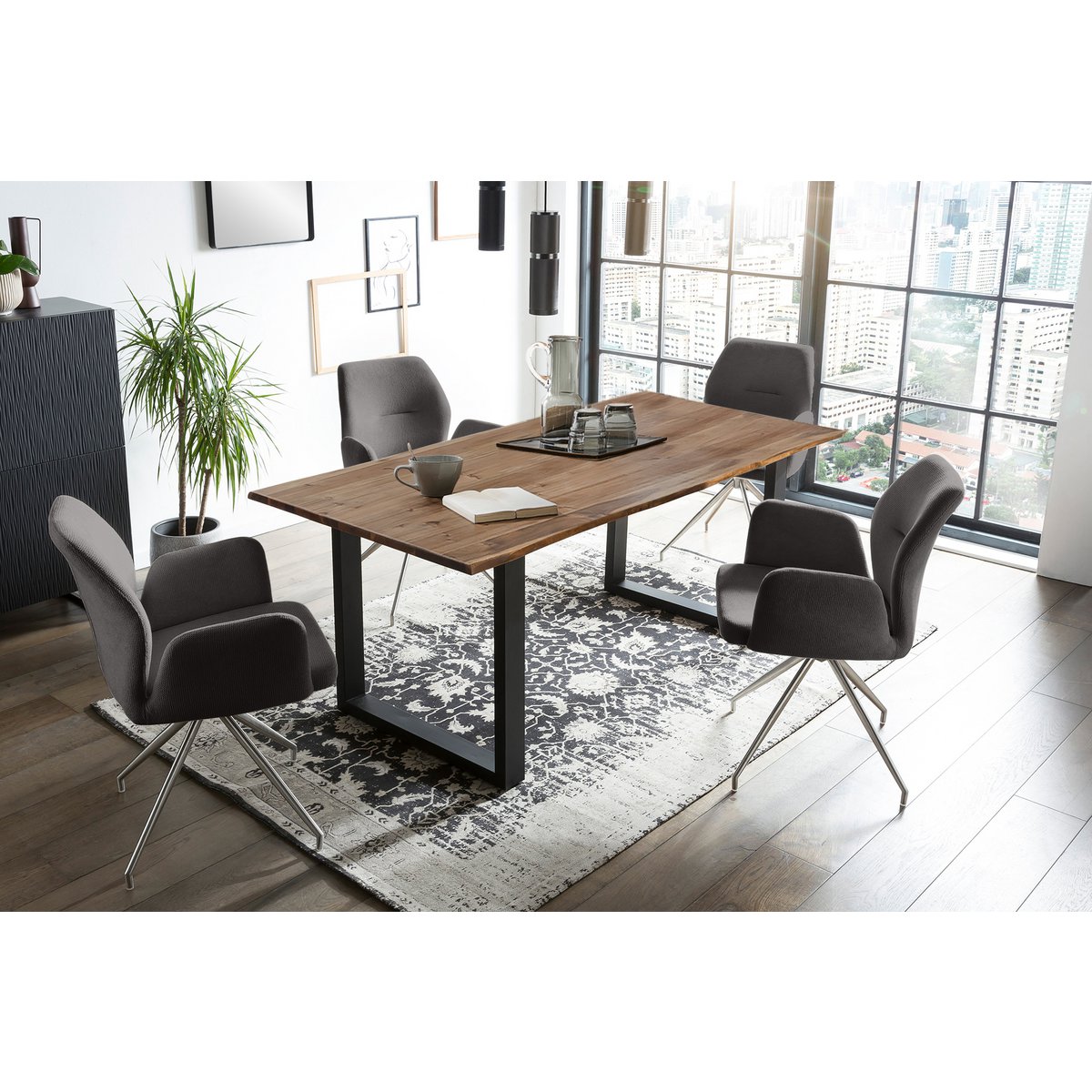 5-delige Eetset met Boomrand Acaciahouten Tafel en Draaibare Armstoelen