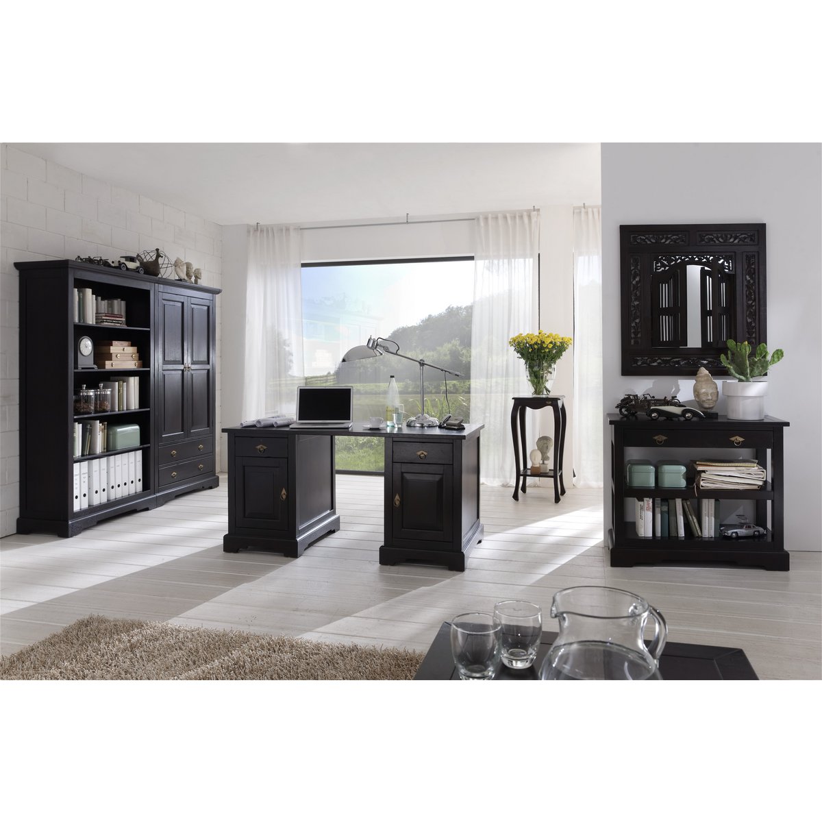 Antiek Bureau van Massief Acaciahout met 2 Lades en 2 Deuren - Afbeelding 8