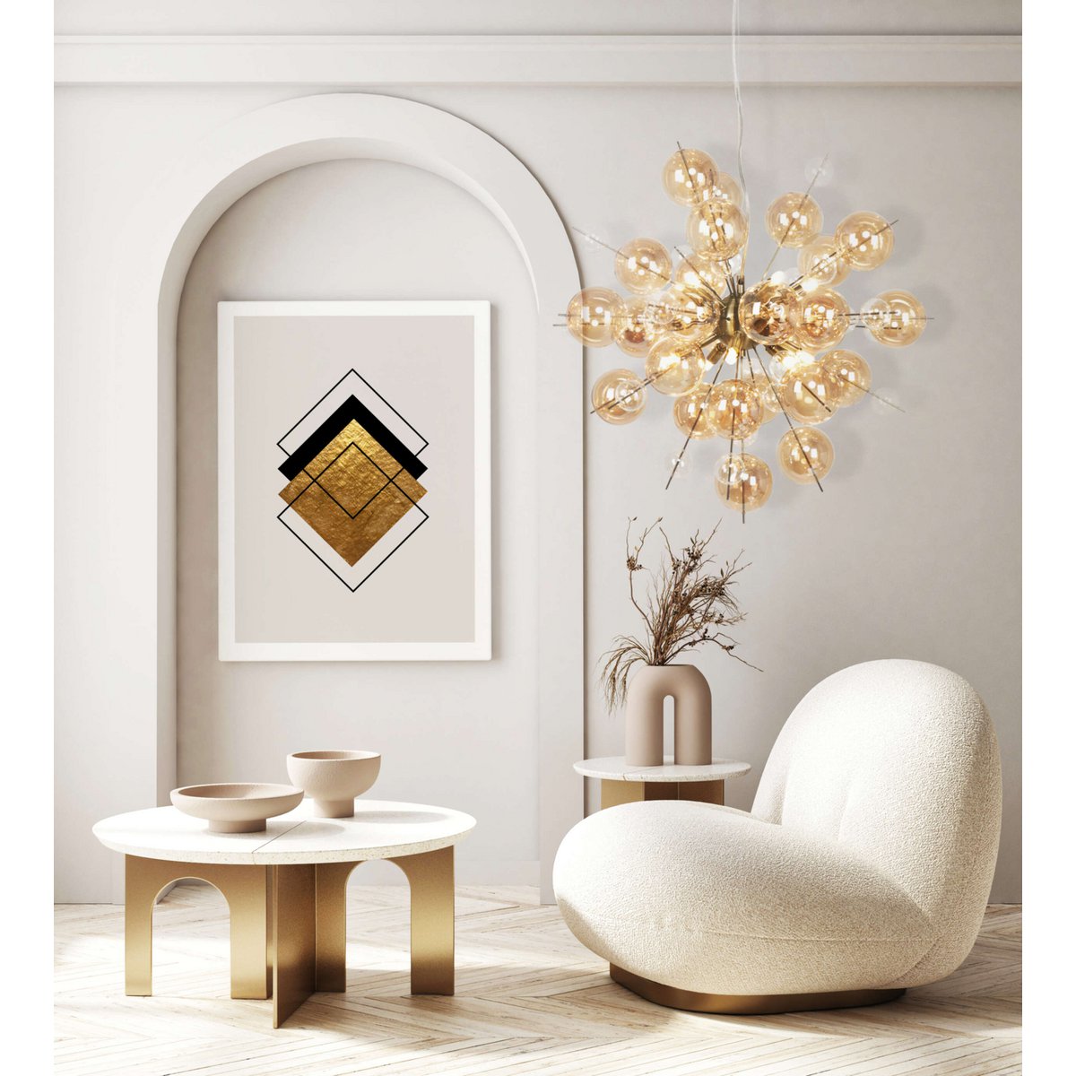 Explosie Plafondlamp met Amberkleurige en Heldere Glazen Bollen - Afbeelding 12