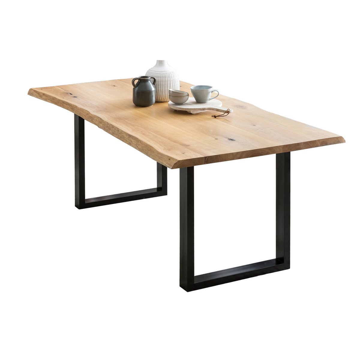 Massief Eikenhouten Eettafel met Boomrand en Zwart U-frame 160 cm