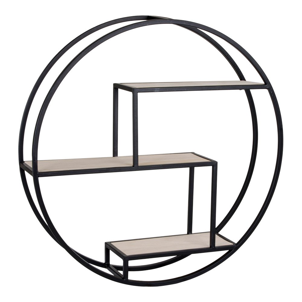 Rotterdam Wandplank - Rond Zwart Metaal met Houten Planken 62 cm - Afbeelding 5