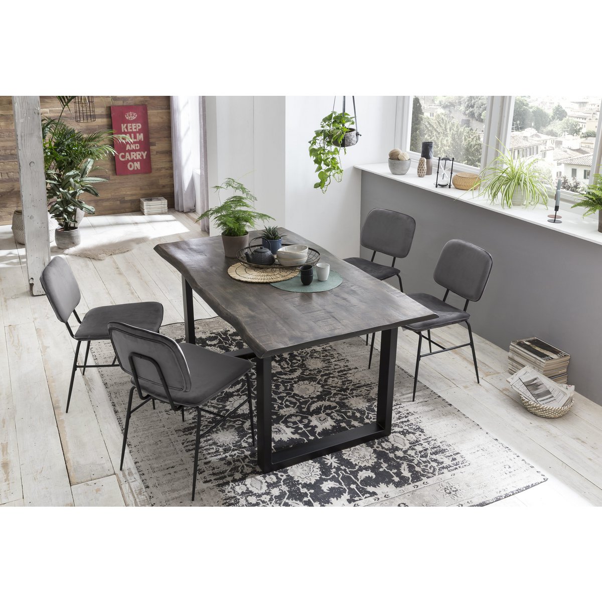 Eettafel mangohout met boomrand grijs zwart 160 x 85 cm - Afbeelding 5