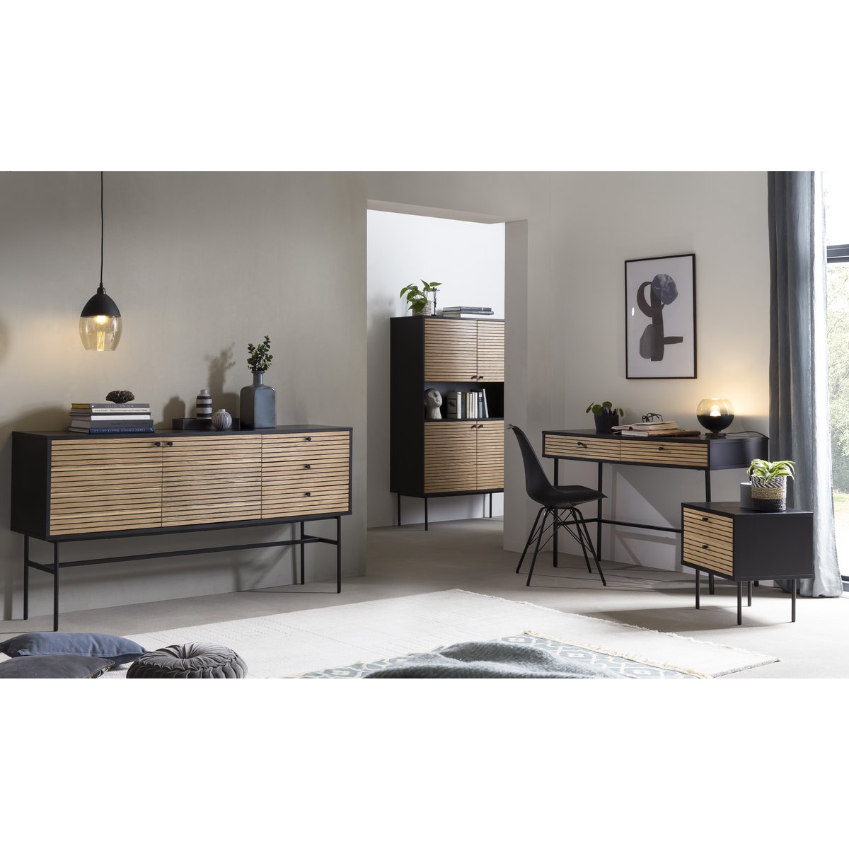 Scandinavisch Dressoir Zwart met Eikenfineer en 3 Lades - Afbeelding 4