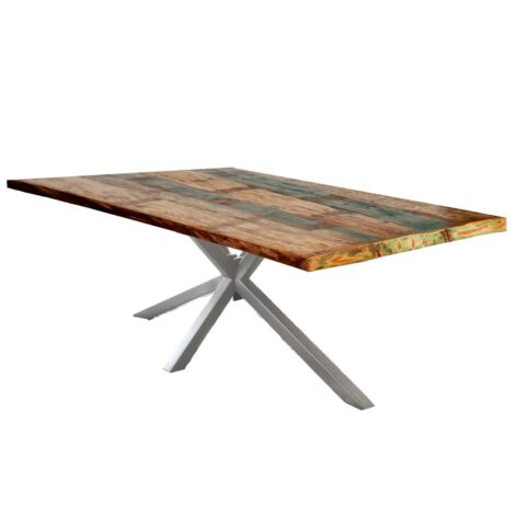 Industriële Eettafel met Massief Houten Blad en Zilverkleurig Frame 220 cm