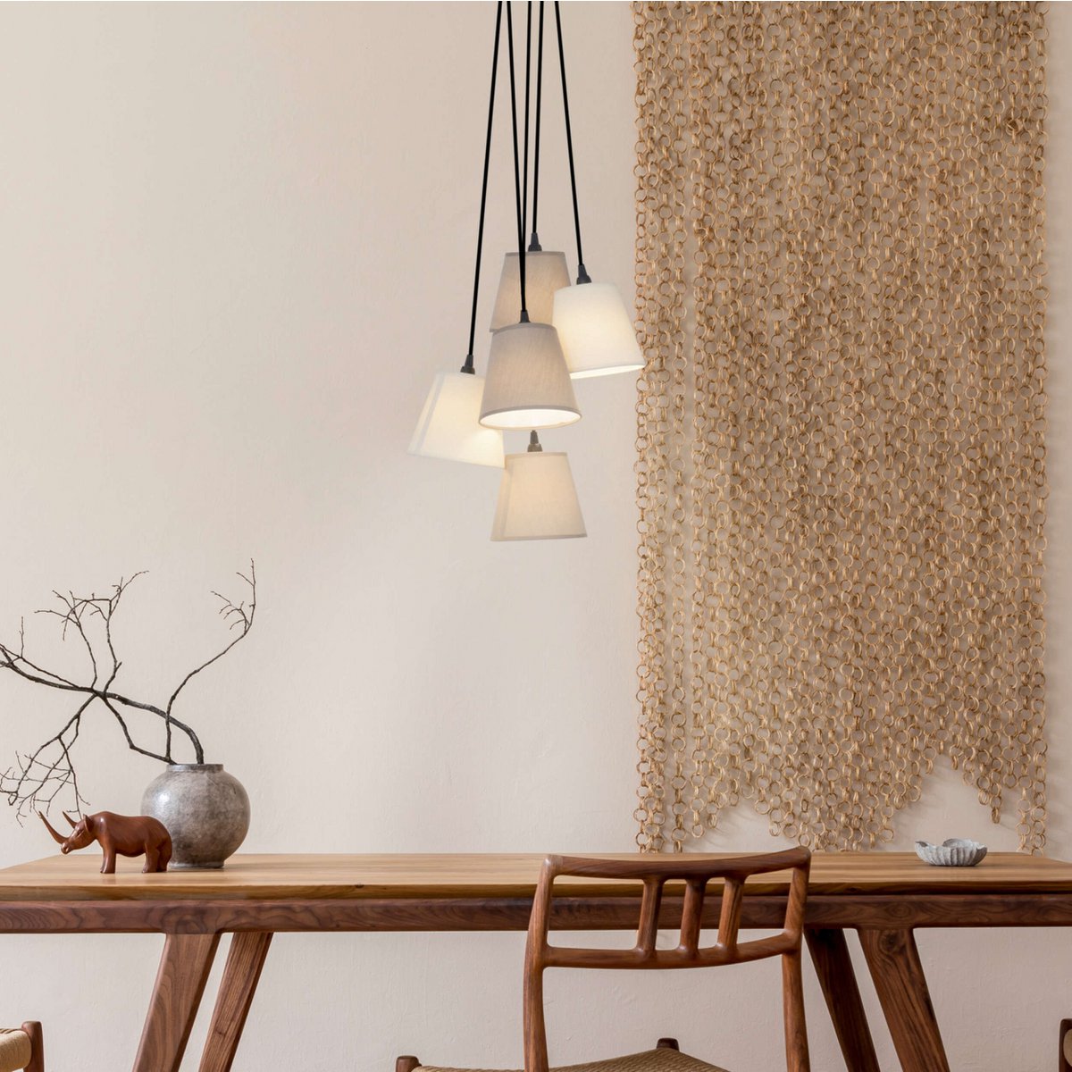 Textiel hanger lamp "boho", jong wonen, hangende lamp met 5 textiel parasols in beige en bruin, met E14 -aansluiting, voor eetkamer, woonkamer, gang of kantoor, 95 cm hoog - Afbeelding 5