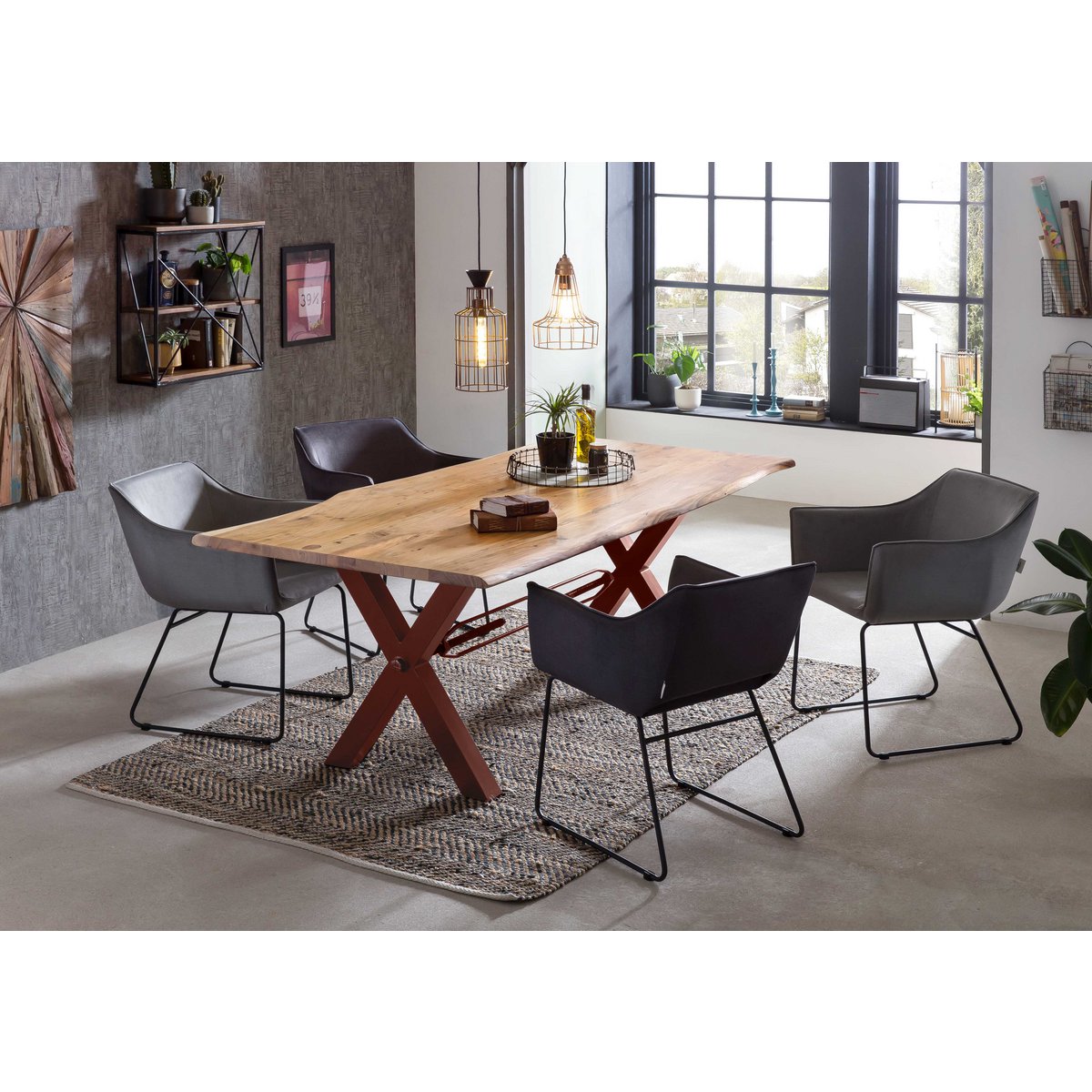 Massief Houten Eettafel - Acaciahout met Bruin X-Frame 220x100 cm - Afbeelding 4