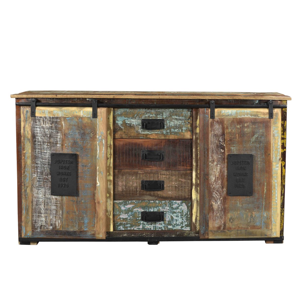 Dressoir Gerecycled Oud Hout met Schuifdeuren - Meerkleurig/Zwart 150 cm