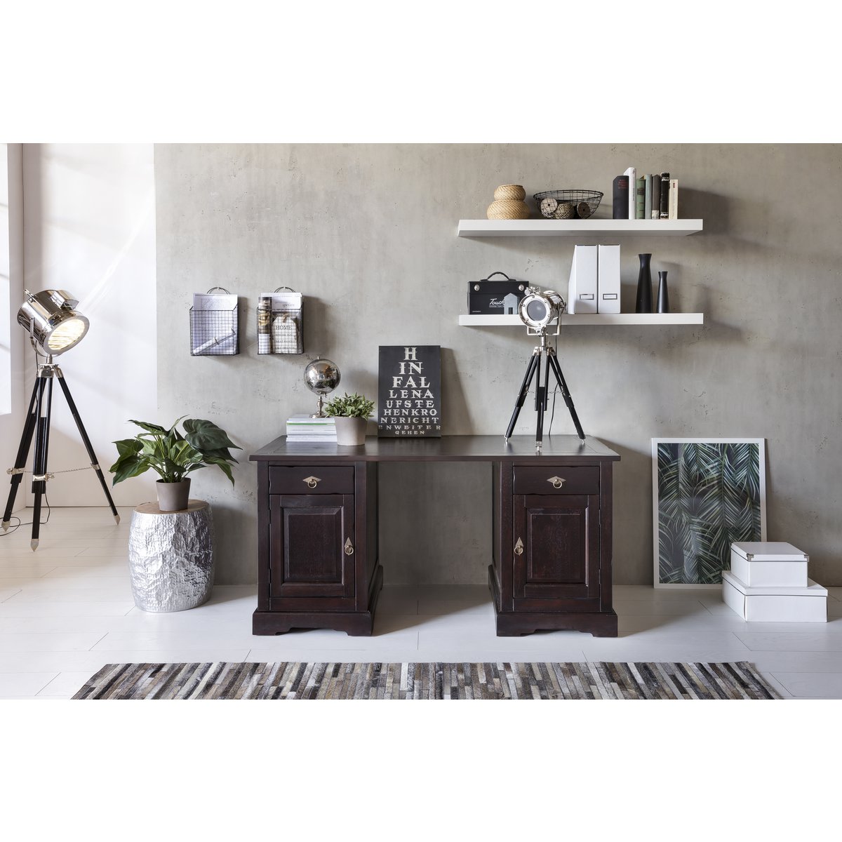 Antiek Bureau van Massief Acaciahout met 2 Lades en 2 Deuren - Afbeelding 6