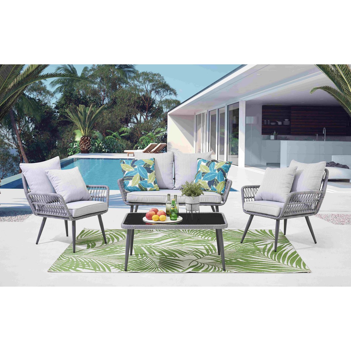 4-Delige Tuinset - Zwart Polyrotan met Bank, 2 Stoelen en Tafel