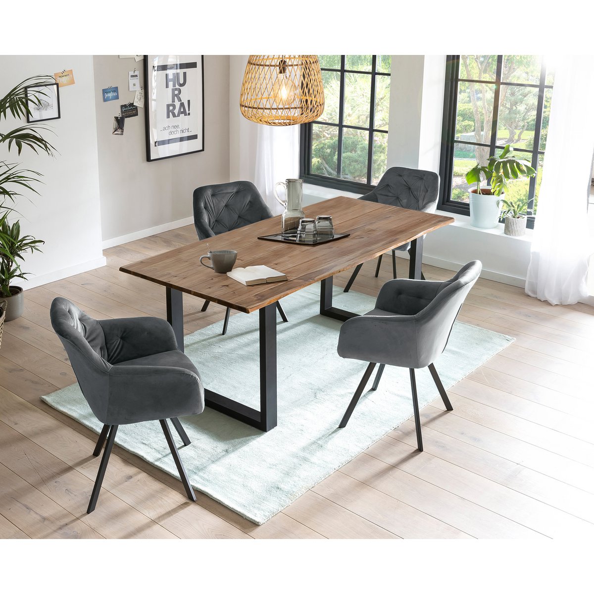 5-delige Eetset met Boomrand Acaciahouten Tafel en Draaibare Fluwelen Fauteuils