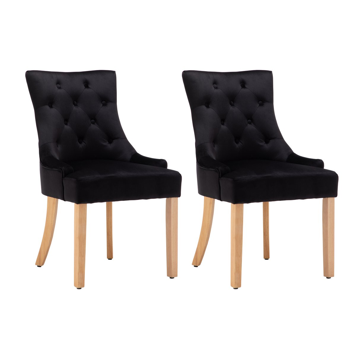 Eetkamerstoel zwart fluweel met houten poten en chroomkleurige greepring