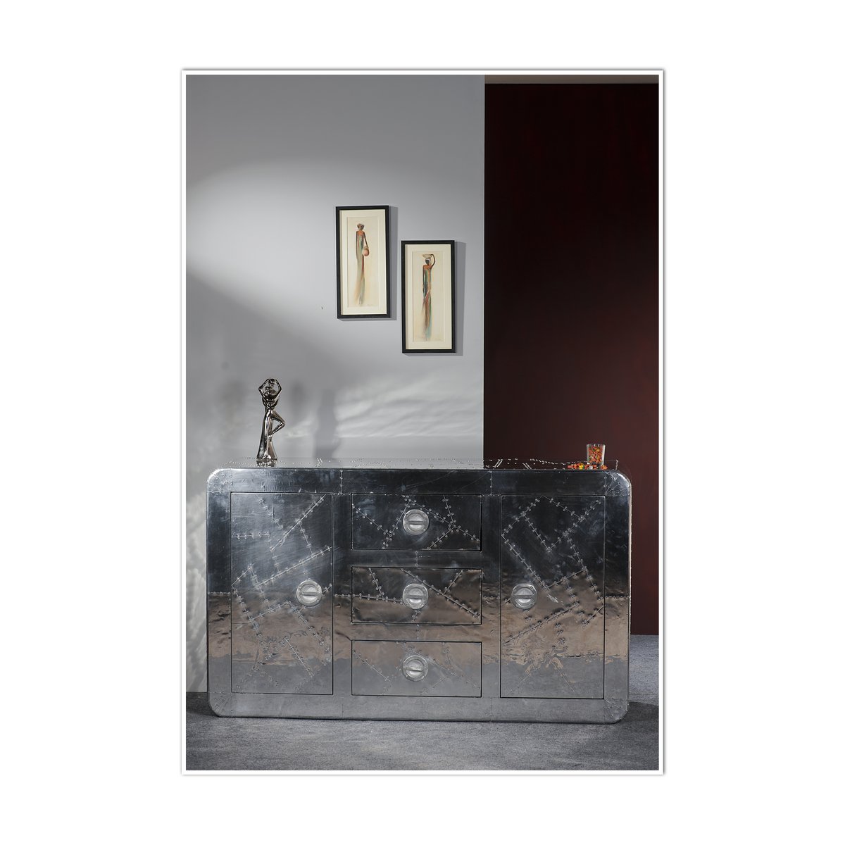 Design Dressoir in Aluminiumlook met 2 Deuren en 3 Lades - Afbeelding 6