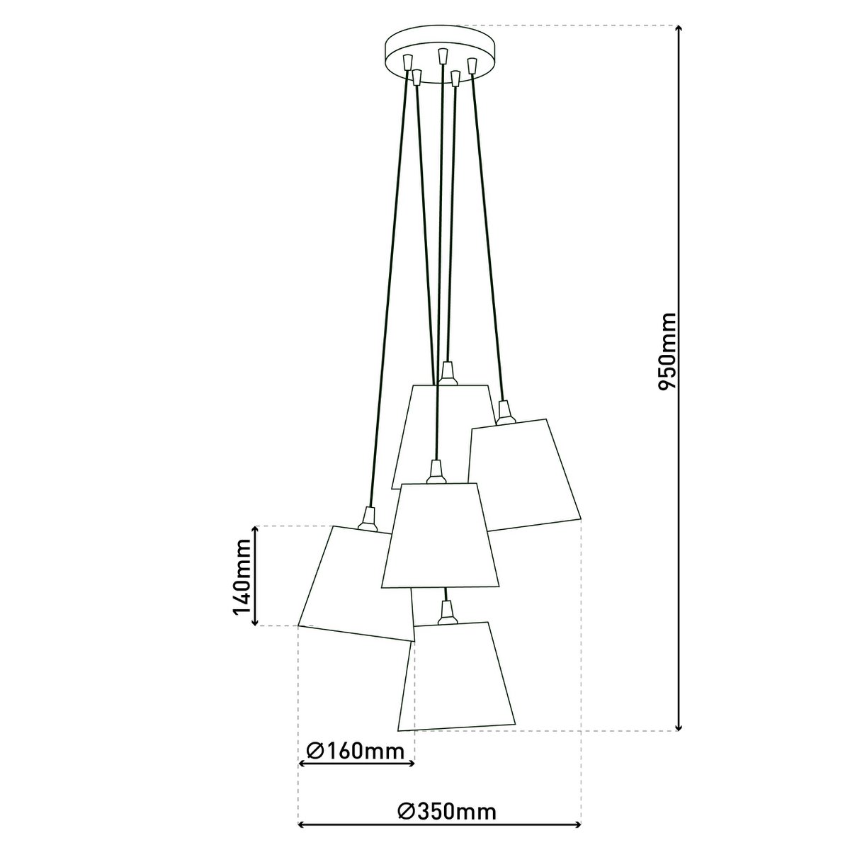 Textiel hanger lamp "boho", jong wonen, hangende lamp met 5 textiel parasols in beige en bruin, met E14 -aansluiting, voor eetkamer, woonkamer, gang of kantoor, 95 cm hoog - Afbeelding 6
