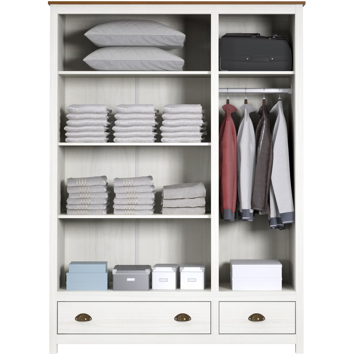 3-Deurs Garderobekast van Massief Dennenhout Wit met Bruine Bovenplaat - Afbeelding 3