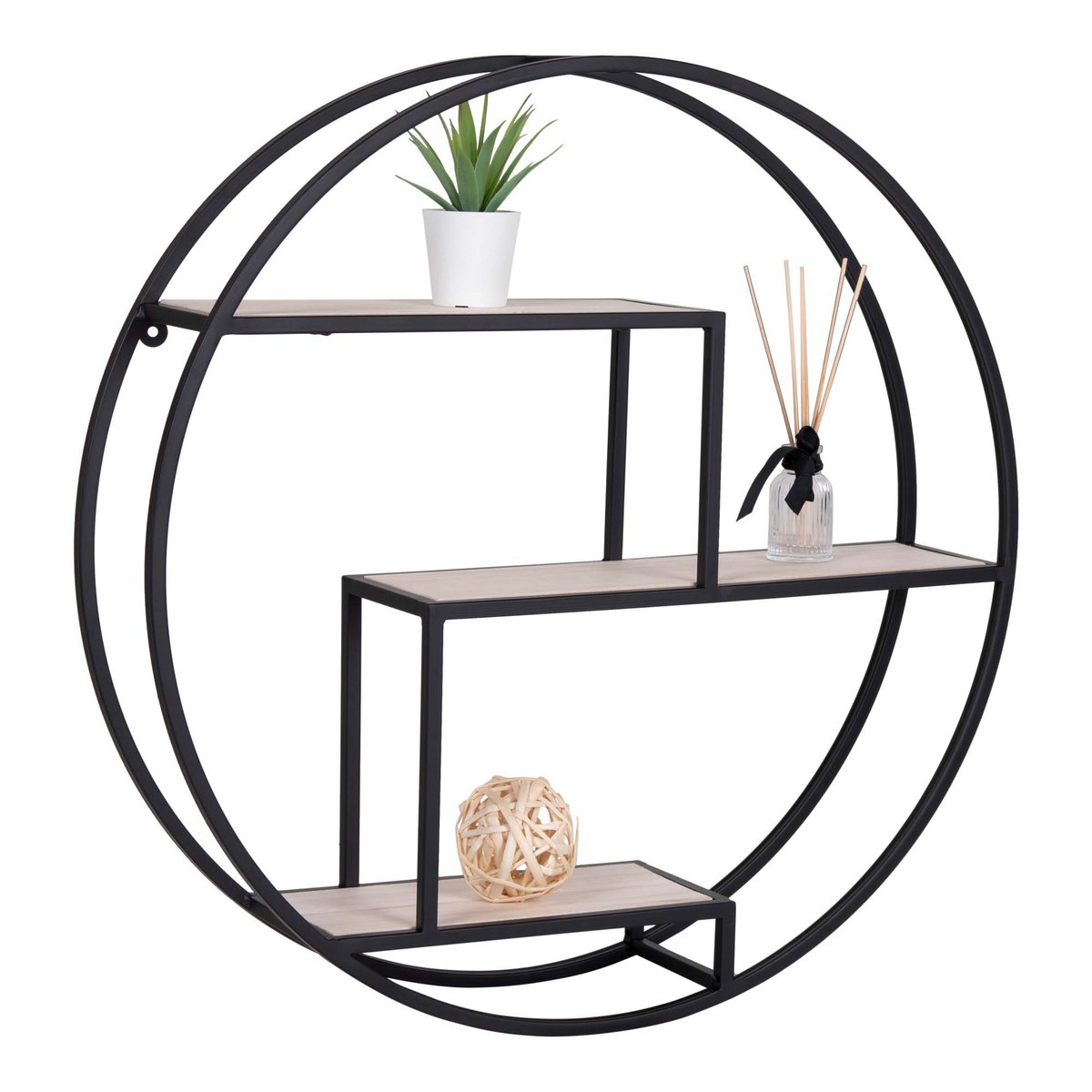 Rotterdam Wandplank - Rond Zwart Metaal met Houten Planken 62 cm