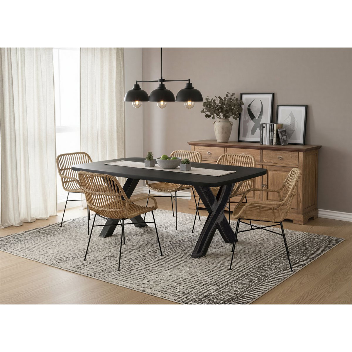 Eettafel Zwart Mangohout met X-frame - 200x100 cm - Afbeelding 2