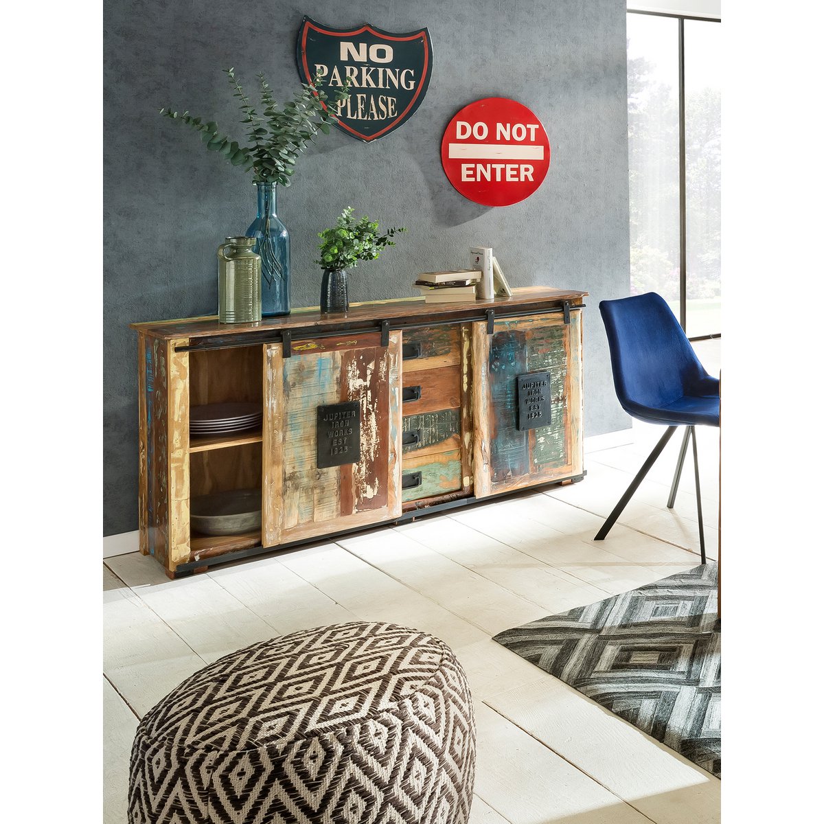 Dressoir Gerecycled Oud Hout met Schuifdeuren - Meerkleurig/Zwart 150 cm - Afbeelding 2