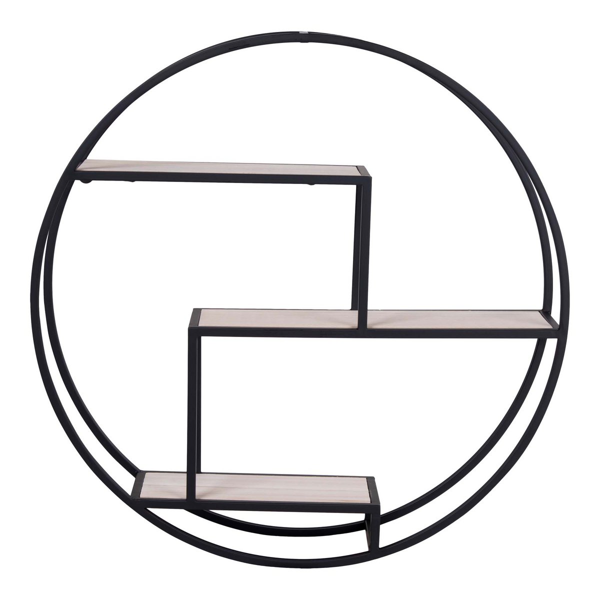 Rotterdam Wandplank - Rond Zwart Metaal met Houten Planken 62 cm - Afbeelding 2