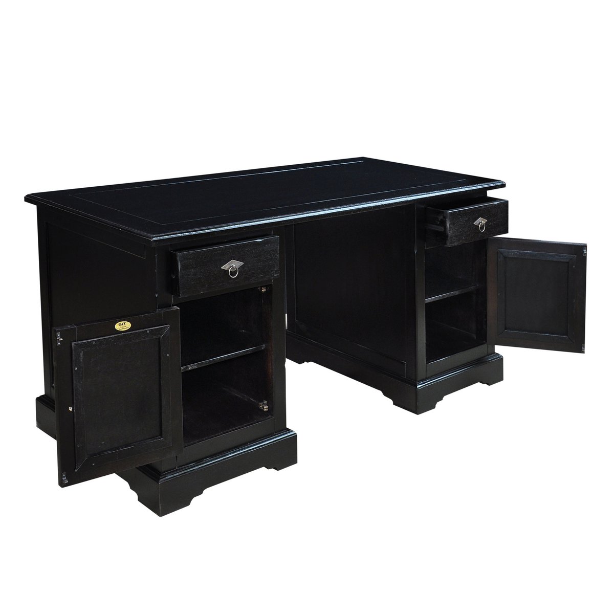 Antiek Bureau van Massief Acaciahout met 2 Lades en 2 Deuren - Afbeelding 4