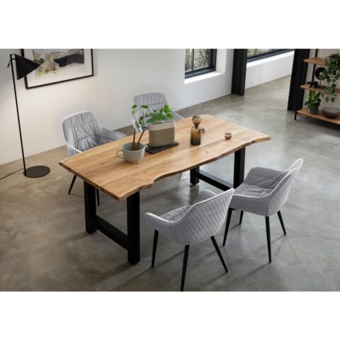 5-delige Eetgroep met Acaciahouten Tafel en 4 Grijze Fluwelen Fauteuils
