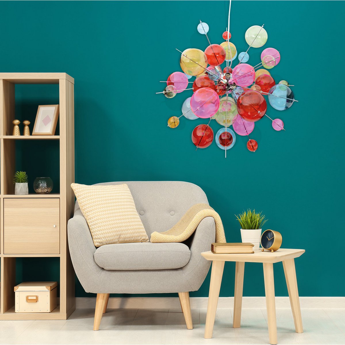 Hanger lamp "explosie" gekleurd gemaakt van metaal en glas, G9 -versies, hangende lamp voor eetkamer, woonkamer, hal of kantoor, Øca. 65 cm - Afbeelding 8